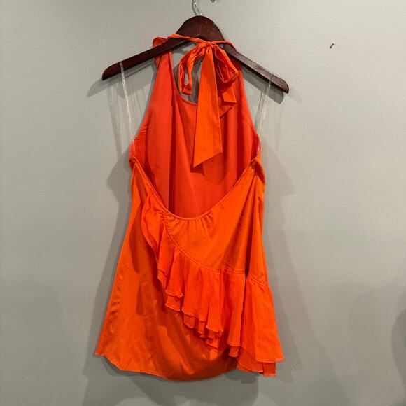 Alice + Olivia Silk Halter Backless Mini Dress Asymmetrical Ruffle Orange Sz Med - Picture 6 of 13